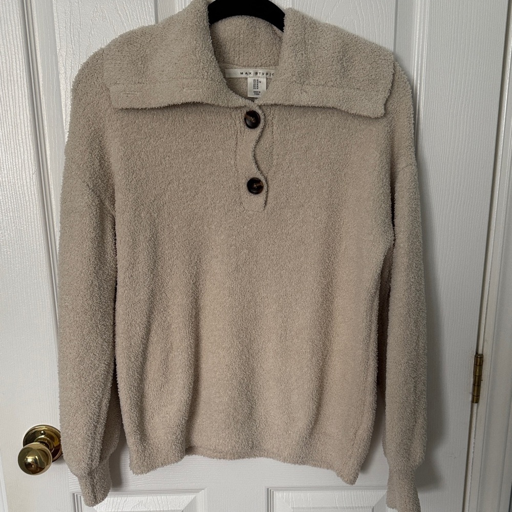 Max Studio Cream Button-Up Turtleneck Sweater
